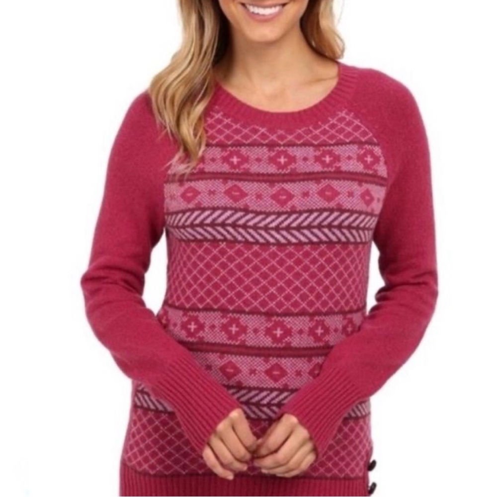 Prana Ramona Red Plum Crewneck Sleeve Cuffs Hem Cotton Lambswool Sweater Size XL